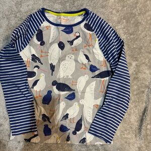 Mini Boden Striped Bird Print Long Sleeve Shirt 9-10